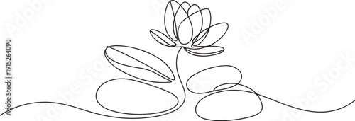 Continuous one line drawing of Stones and Lotus flower. Single line drawing illustration of Lotus flower and Stone. one line Art icon drawing vector