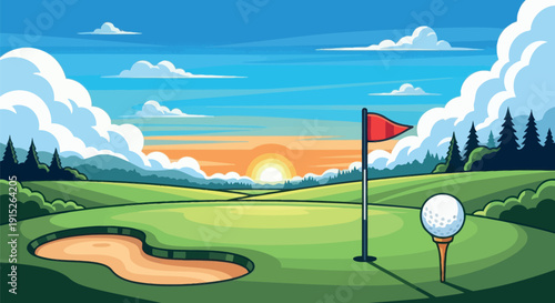 Expansive golf course featuring a white golf ball on a tee, a red flag at the hole, and a sand bunker on the green under a beautiful sky at sunrise or sunset, ideal for sports and outdoor