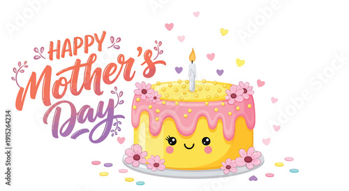A yellow cake with pink icing and a lit candle surrounded by colorful hearts and confetti isolated on transparent background