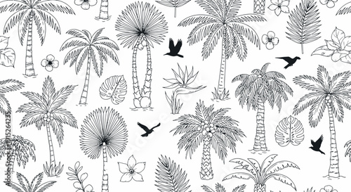 Exotic tropical paradise seamless background featuring various palm trees, lush leaves, vibrant flowers, and flying birds, suitable for fabric prints or summer vacation decor.