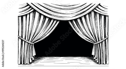 Classic black and white drawing of elegant open stage drapes revealing an empty performance area, ideal for theatrical event advertisements and production announcements.