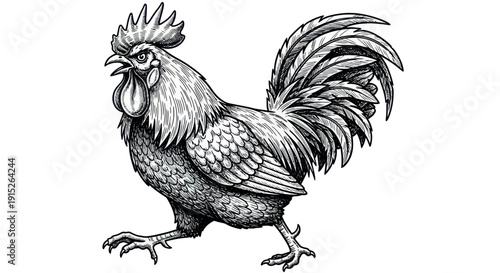 Proud powerful rooster with a strong comb and wattles depicted in a classic handdrawn engraving style walking forward with an open beak for farm animal and poultry themed designs