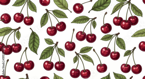 Delicious red cherry fruit and green leaves create a vibrant repeating background for food packaging design textile prints or summer season promotions.