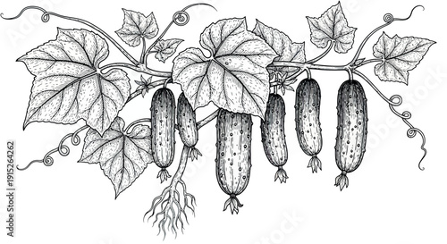 Detailed botanical drawing of a cucumber vine laden with fresh cucumbers, lush leaves, and winding tendrils, ideal for organic food branding, gardening guides, or fresh produce