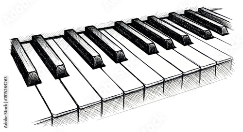 An expressive hand drawn sketch of classic piano keys, showing an upward angle perspective of the black and white musical instrument, ideal for music lesson guides or educational resources.