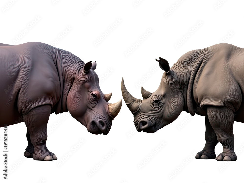Fototapeta premium Two rhinoceroses standing side by side on a plain white background