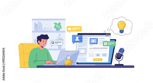 Young man working on laptop with microphone and idea bulb.