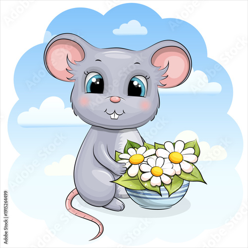 Cute cartoon Mouse with flower pot. Vector illustration of animal on blue background with clouds.
