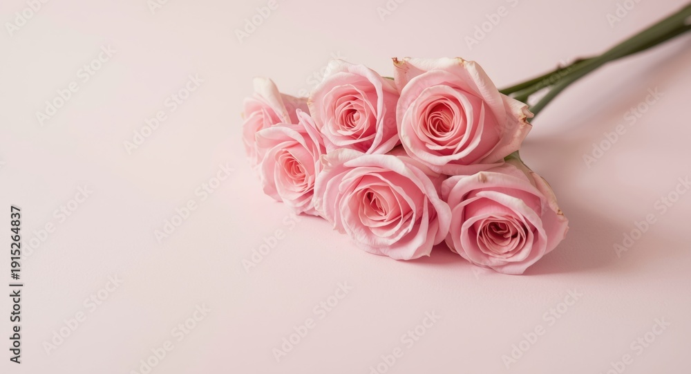Fototapeta premium Delicately placed soft pink roses on gentle pastel pink background for romantic themes