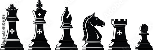 Black Vector Silhouette Set of Classic Chess Pieces Including King Queen Bishop Knight Rook and Pawn Isolated on White Background for Strategy and Game Design