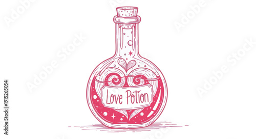 Love potion bottle with romantic pink liquid, hearts, swirls, and stars, perfect for Valentines Day celebrations, mystical themes, or enchanting social media content.