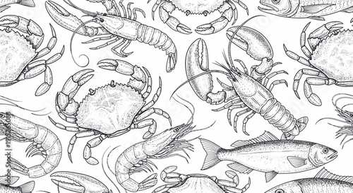 Delicious fresh seafood variety including crabs lobsters shrimp and fish forming a seamless grayscale repeating print suitable for restaurant menus packaging or culinary themed textiles