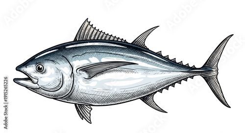 Freshly caught tuna fish depicted with detailed scales and powerful fins, perfect for showcasing seafood industry, healthy eating promotions, or fishery educational materials