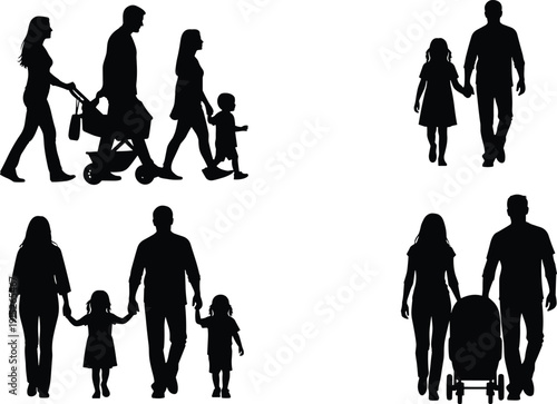 Black Vector Silhouette Set of Diverse Family Groups Walking with Strollers and Holding Hands Isolated on White Background for Parenting and Lifestyle Graphic Design