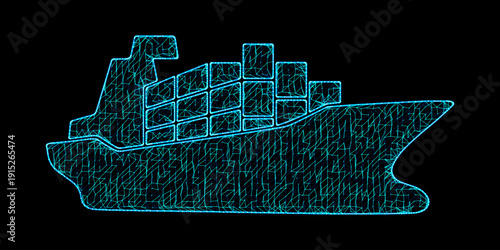 Autonomous Cargo Ship Vector - Digital Mesh Logistics Transportation with Smart Navigation Plexus