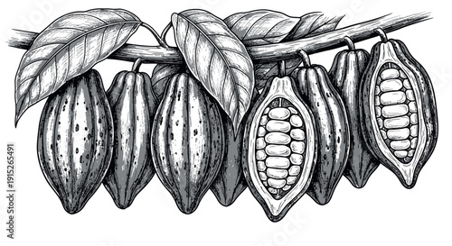Botanical illustration featuring raw cocoa fruits hanging from a tree branch with some pods open revealing beans ideal for chocolate product branding or natural ingredient displays
