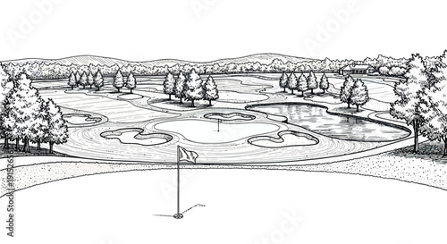 A detailed handdrawn golf course layout featuring greens, bunkers, water hazards, and a clubhouse, perfect for sports venue planning, landscape architecture proposals, or recreational
