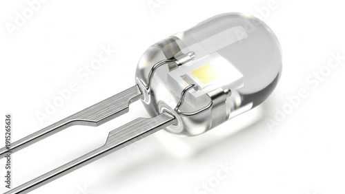 Macro shot of a clear glass LED light emitting diode with silver leads and bright light