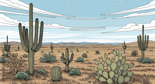 Vast desert landscape featuring a variety of cacti, including saguaros and prickly pears, under a wide sky with clouds, perfect for travel brochures, educational materials, and natural