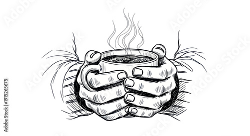 Cozy hands gently holding a steaming mug filled with warm tea and lemon slices, conveying comfort and relaxation, perfect for seasonal beverage promotions or lifestyle publications.