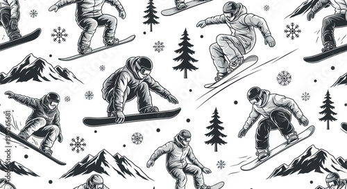 Seamless monochrome pattern featuring various snowboarders performing tricks amidst snowy mountains, evergreen trees, and falling snowflakes, ideal for winter sports themed textiles or