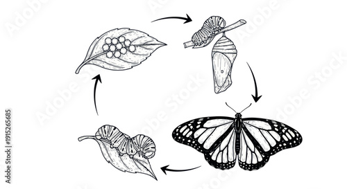 Educational diagram illustrating the fascinating complete metamorphosis of a monarch butterfly, detailing its life cycle from egg to caterpillar, chrysalis, and adult stage for biology