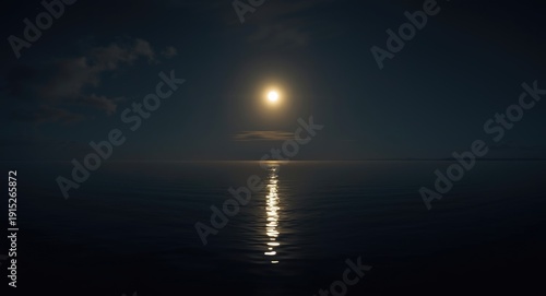still night vista with a glowing full moon reflected on a placid water body