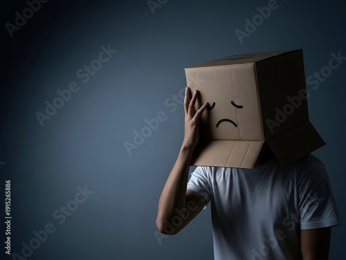 Distressed Man with Sad Cardboard Box Mask. Generative Ai