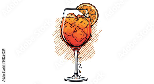Vibrant Aperol Spritz cocktail glass filled with sparkling ice cubes and garnished with a fresh orange slice, ideal for summer menus, beverage promotions, and bar decor.