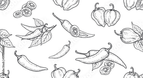 A collection of handdrawn chili peppers including whole and sliced varieties with leaves in an illustrative style perfect for culinary publications restaurant menus or spicy food product