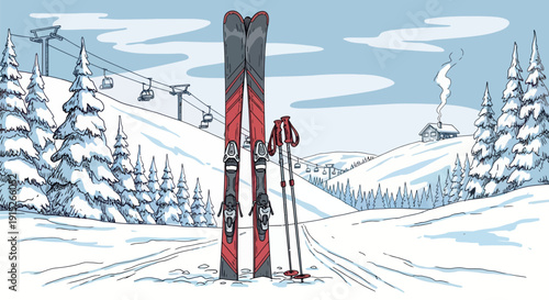 Ski equipment stands in fresh snow on a crisp winter day at a resort, with snowy pine trees and ski lifts in the background, ideal for winter sports marketing or seasonal travel.