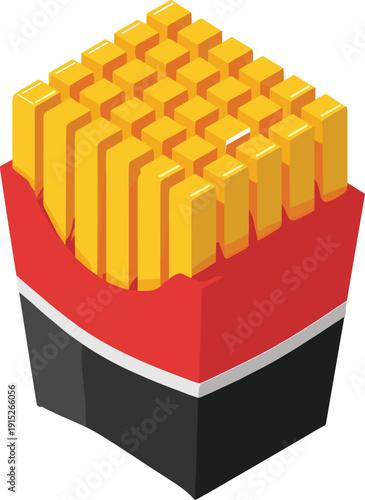 Isometric vector illustration of french fries in a red and black cardboard container for fast food restaurant menu snack branding and takeout design