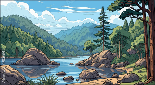 Vibrant and serene mountain river landscape featuring dense pine forests, large rocks, and a clear blue sky, perfect for nature themed media, travel brochures, or outdoor adventure