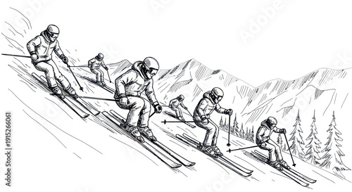 A group of enthusiastic skiers actively descending a snowy mountain slope capturing the dynamic essence of winter sports and outdoor adventure for various promotional and publication needs
