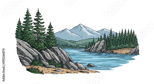 Serene mountain lake landscape with towering pine trees and rugged rocky shores, perfect for outdoor adventure and wilderness exploration themes