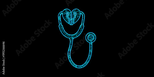 Digital Healthcare Concept with Medical Stethoscope Silhouette and Circuit Heart in Blue Mesh Wireframe Style for Smart Medicine