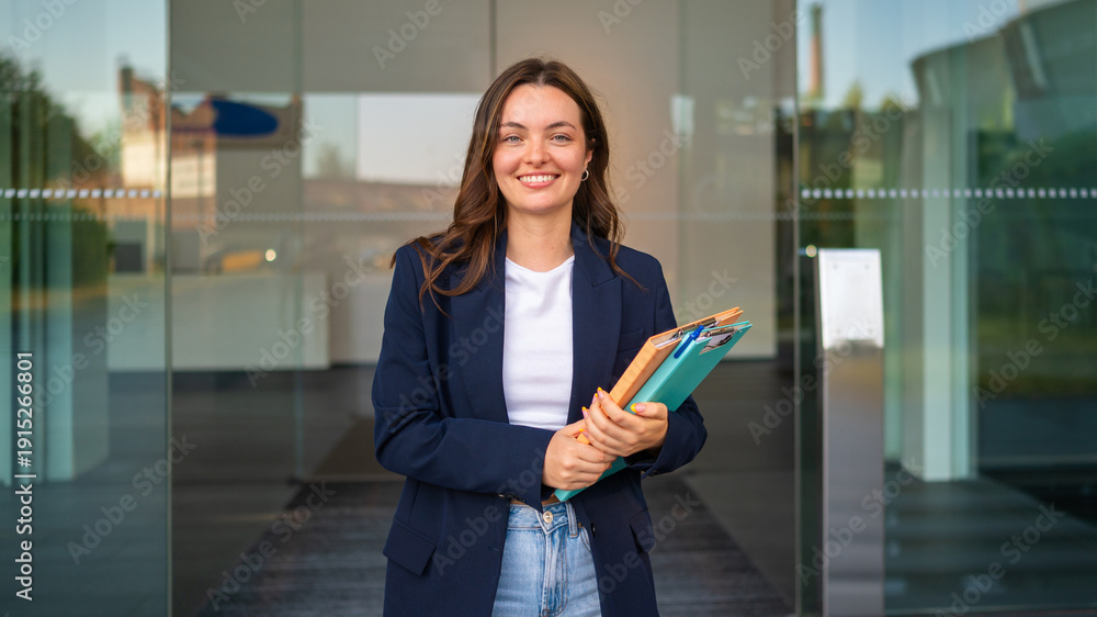 Fototapeta premium Confident young businesswoman holding folders smiling at office entrance