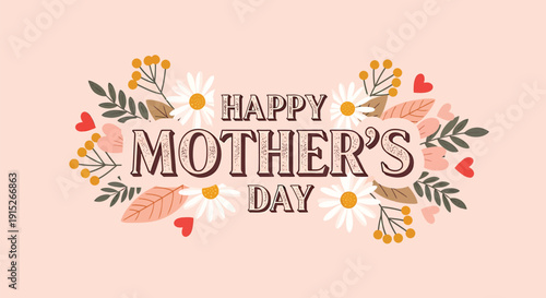 Happy Mother's Day greeting with floral wreath and colorful flowers on pastel background