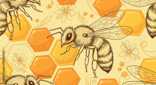 A close up view of busy honey bees flying around golden honeycombs filled with sweet organic honey and delicate flowers, perfect for food product packaging and educational materials.