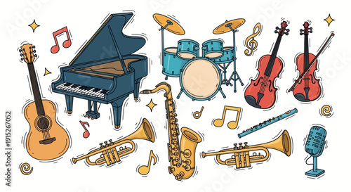 A vibrant collection of classic musical instruments like a grand piano, drum set, saxophone, violins, trumpets, guitar, flute, and microphone, perfect for musicthemed advertisements or