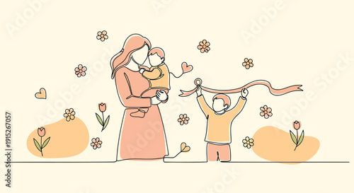 Vector illustration of a mother holding a baby while a toddler plays with a ribbon amidst flowers and hearts