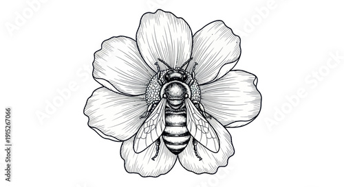 Detailed engraving style line drawing of a bee pollinating a flower, perfect for naturethemed branding, educational books, print media, or graphic design projects.