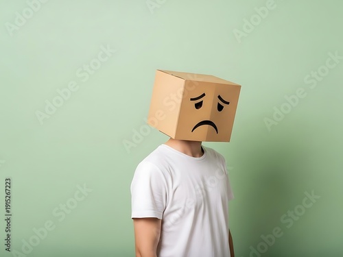 Man in White T-shirt Wearing Sad Cardboard Box Mask. Generative Ai