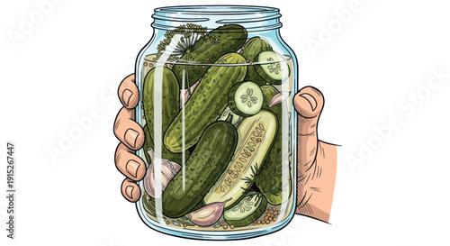 A human hand holds a clear glass jar tightly packed with delicious preserved pickled cucumbers, fresh dill, and garlic cloves in a tangy brine, perfect for food preparation and culinary