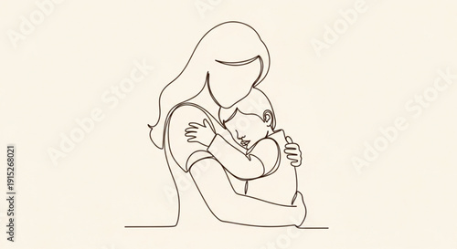 Continuous line drawing of a mother holding her baby simple minimalist illustration representing love and family perfect for greeting cards and parenting themes