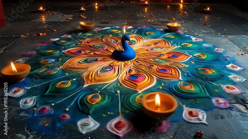 Vibrant Rangoli Design with Diyas.