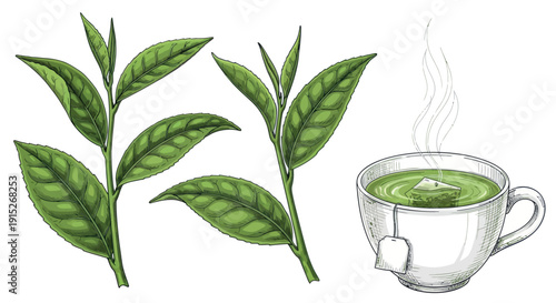 Freshly picked green tea leaves and a steaming cup of warm herbal tea with a submerged tea bag, perfect for promoting natural beverages and healthy lifestyle products