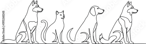 Continuous One Line Drawing Vector Illustration of Sitting Domestic Pets Including Husky Beagle and Cat Isolated on White Background for Minimalist Animal Care Design