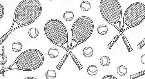Seamless background of hand drawn tennis rackets and balls depicting sports equipment for active game promotion, athletic lifestyle themes, or competitive event branding.