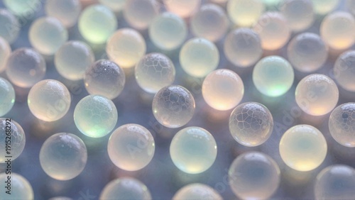 Closeup of tiny, iridescent glass balls clustered together, reflecting light in a mesmerizing patternImage Description